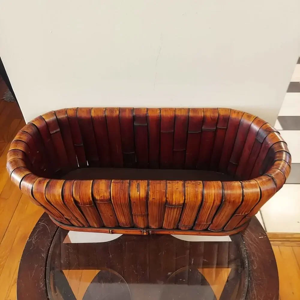 Vintage Mid Century Italian Rattan Bamboo & Wood Planter or Centerpiece Basket